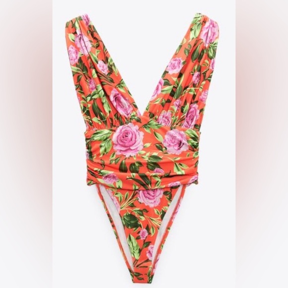 Zara orange floral multi PRINTED DRAPED plunge front BODYSUIT size medium new‎ - Picture 5 of 9